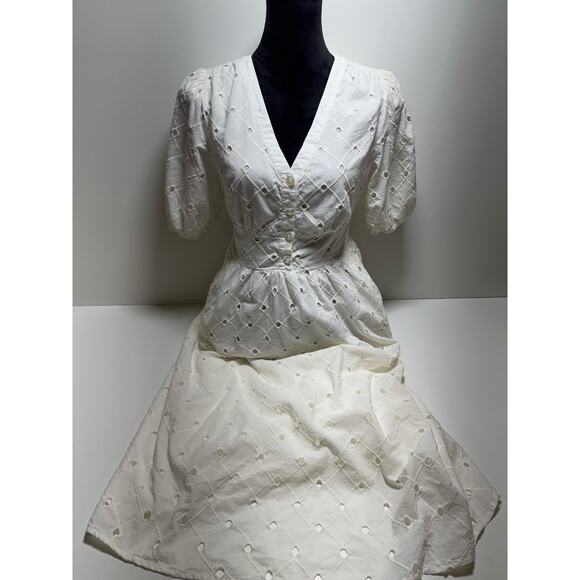 A New Day White Eyelet Puff Sleeve Peasant Prairie Midi Dress Sz S Cottage Core - Picture 1 of 7